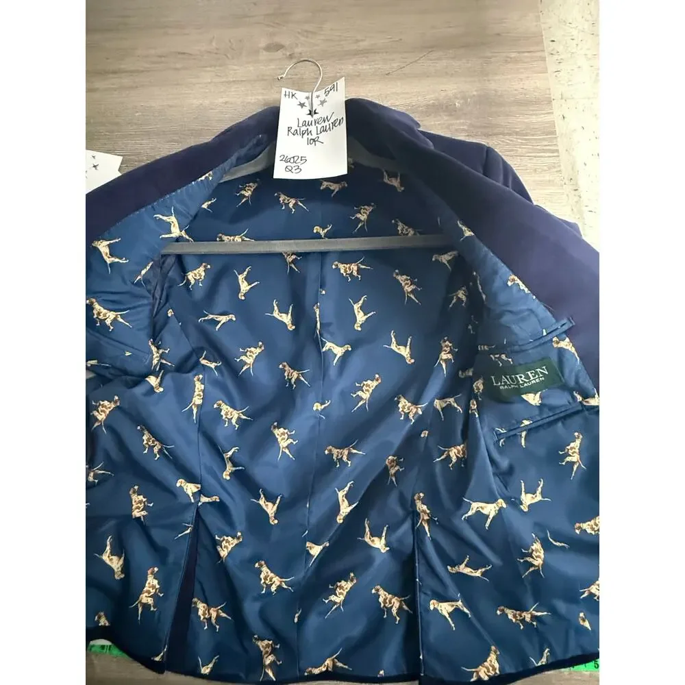 Lauren Ralph Lauren Boys Blazer 10R Dark Blue Velvet Lined Hunting Dog Print